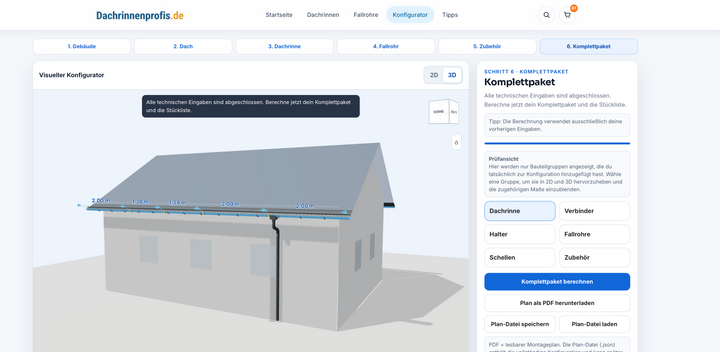 Dachrinnen-Konfigurator mit 3D-Hausmodell und berechnetem Komplettpaket